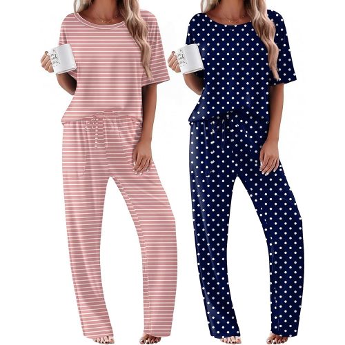 Ekouaer 2 Pack Womens Pajama Sets Short Sleeve Tops and Long Pants Casual Comfy Pjs Lounge Set with Pockets,S-XXL