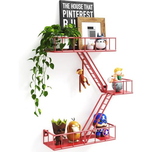 Fire Escape Wall Shelf with Baskets, 3-Tier Metal Fire Escape Ladder Shelf Wall Organizer, New York Inspired Decorative Shelf, Red Floating Action Figurine Display Shelves for Bedroom, Home Décor.