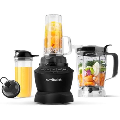 nutribullet Full-Size Blender Combo, Single-Serve & Large Capacity, 1200W, 64oz Pitcher, 32oz Cup, Extractor Blade, 3-Speed, Pulse, Smoothies, Soups, Sauces, Easy Cleaning, Matte Black, NBF50500AK