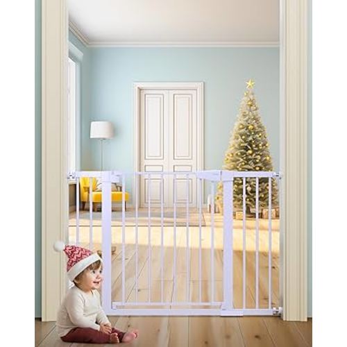 Mom's Choice Awards Winner-Cumbor 29.7-46" Baby Gate for Stairs, Auto Close Dog Gate for the House, Easy Install Pressure Mounted Pet Gates for Doorways, Easy Walk Thru Wide Safety Gate for Dog, White