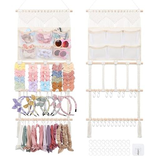 Munzong BOHO Headband Holder Hair Accessories Organizer, Macrame Bows Organizer for Girls, Nursery Wall Hanging Clip Storage w/ 20 Hooks for Toddler Kids Room Decor