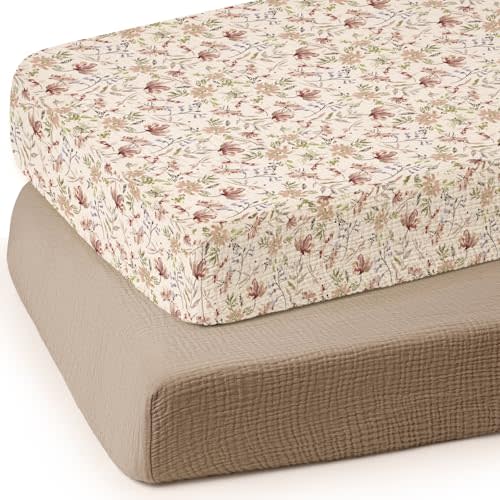 lulumoon Baby Crib Sheets Fitted: Soft Muslin Cotton Sheets for Standard Crib - Mocha Floral for Girls 2Pack