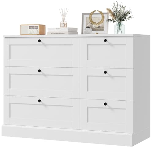 HOSTACK 6 Drawer Dresser, White Dresser for Bedroom, Wood Chest of Drawers, Wide Double Dresser, Modern Drawer Chest for Living Room, Entryway, Hallway, White