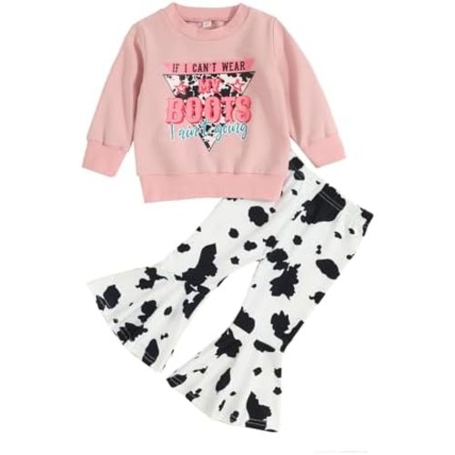 SAYOO Western Toddler Baby Girl Fall Clothes Cow Print Mama's Bestie/Mama's Girl Letter Sweatshirt Flare Pants 2Pcs Outfit