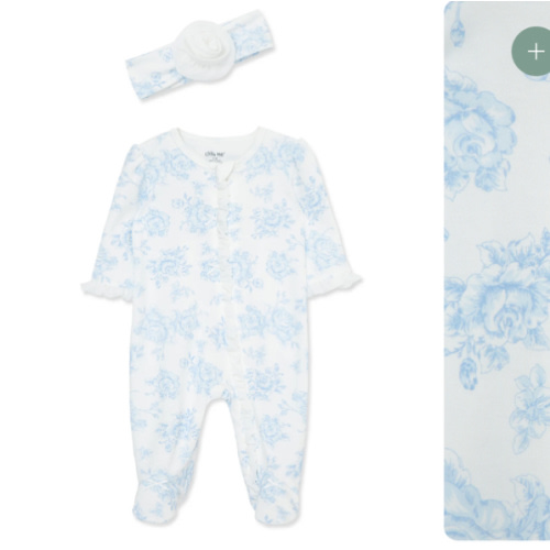 Blue Roses 2-Way-Zip Footed One-Piece And Hat