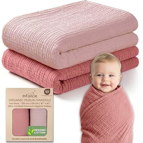 infancie 100% Organic Cotton Muslin Baby Blanket - 47 x 47 Inch Breathable Muslin Baby Girl Blanket, Hypoallergenic Double-Layer, Soft and Cozy Newborn Baby Blanket for Everyday Use (Rose/Peach)