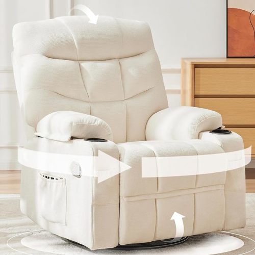 360°Swivel Rocker Recliner Chair,Rocking Recliner Chair with Adjustable Backrest for Adults,Upholstered Fabric Rocking Chair Swivel for Bedroom,Living Room,White