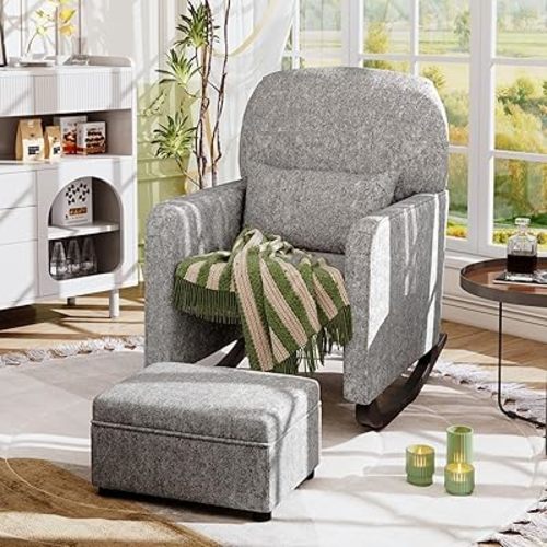 ALPHA HOME Rocking Chair, Glider Chair for Nursery with Lumbar Pillow, Rocker Armchair with Solid Wood Legs, Glider Rocker with Storage Foot Rest for Indoor Living Room, Baby Room, Bedroom, Grey