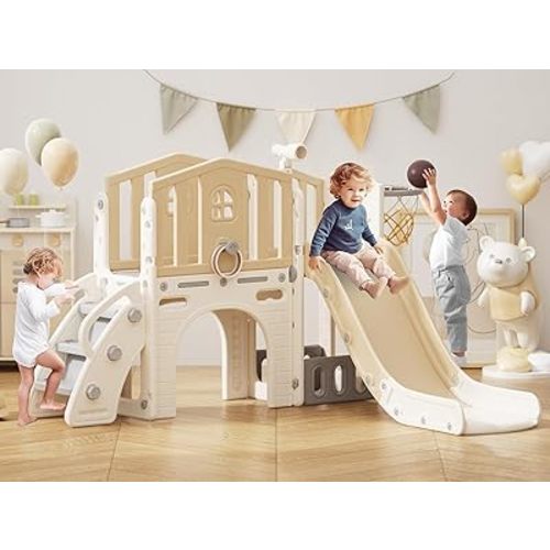 Glaf Toddler Slide Outdoor Playset 8 in 1 Intdoor Playset Indoor Playground for Kids 1-3 Slide for Baby Slides for Backyard with Climber Basketball Hoop Ring Toss Telescope and Storage Space (Beige)