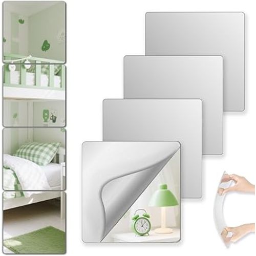 Shatterproof Peel And Stick on Mirror Tiles for Wall Decorative, 4 pcs 16”x16” Unbreakable Small Mirrors For Wall Classroom Decor, Toddlers Mirror for Kids Bedroom, Plastic Door Adhesive Mirrors