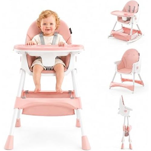 HARPPA Foldable Baby High Chair, Convertible Toddler Rocking Chair, Pink