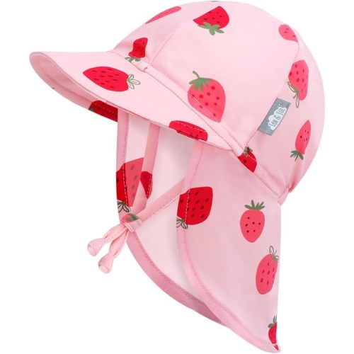 JAN & JUL Baby Sun-Hat with Neck Flap for Girls, Beach Cap with UV Protection for Swimming (Pink Strawberry, Size M: 6-24m)