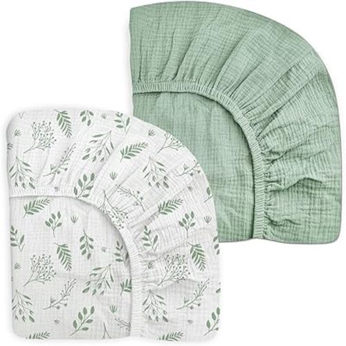 Crib Sheets for Baby Boy Girl 2 Pack, Fitted Crib Mattress Sheet 28" x 52", Muslin Toddler Bedding with Neutral Style, Nursery Bedding Essentials (Fern - Leaf & Sage)