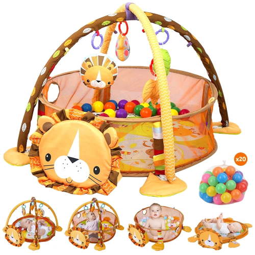 UQN 3-in-1 Baby Play Gym, Baby Play Activity Mat with Ocean Ball Sensory Toys, Gift for Newborn Infant Toddlers 0-36 Months, Yellow Lion