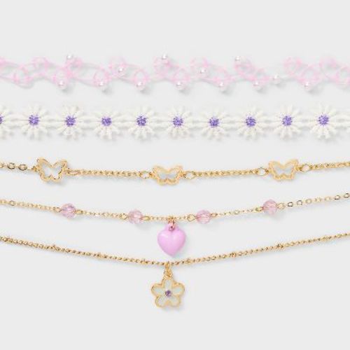 Girls' 5pk Flowers and Butterflies Necklace Set - Cat & Jack™️: Choker Style, Acrylic, Zinc Alloy