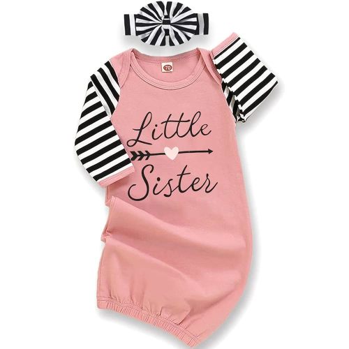AMAWMW Newborn Baby Girl Little Sister Sleeper Gown Stripe Long Sleeve Nightgown Pajamas Gifts Stuff Essential Outfit