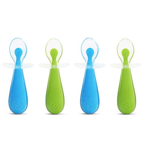 Munchkin® Silicone Scoop™ Trainer Spoons with Choke Guard for Baby Led Weaning, 4 Count, Blue/Green - 1