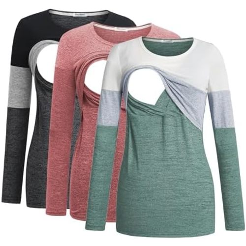 Bearsland Women's 3 Packs Maternity Clothes Long Sleeves Breastfeeding Shirts Nursing Top