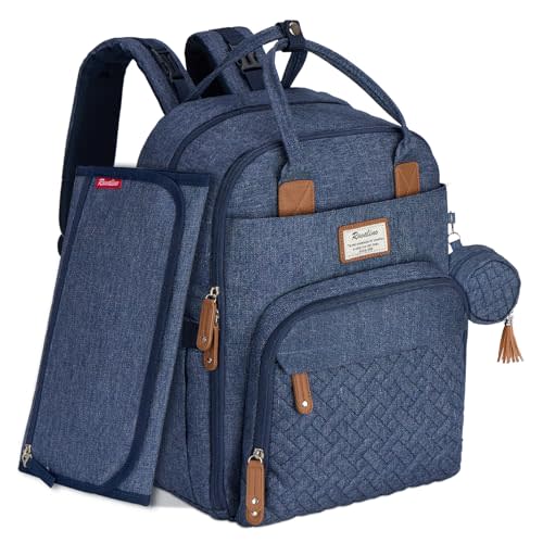 RUVALINO Diaper Bag Backpack, Neutral All-in-One Baby Bag for Boy and Girl, Large Travel Backpack with Portable Changing Pad&Pacifier Case, Denim Blue