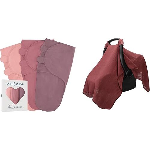 Comfy Cubs Swaddle Blanket Baby Girl Boy Easy Adjustable 3 Pack and Muslin Cotton Baby Car Seat Cover Bundled