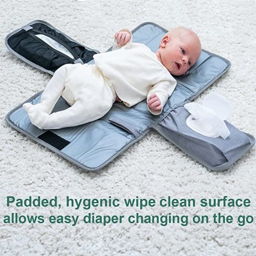 Portable Changing Pad - Waterproof Travel Baby Diaper Changing Pad, Mat Foldable, Wipes Pocket, Gifts - Block Grey