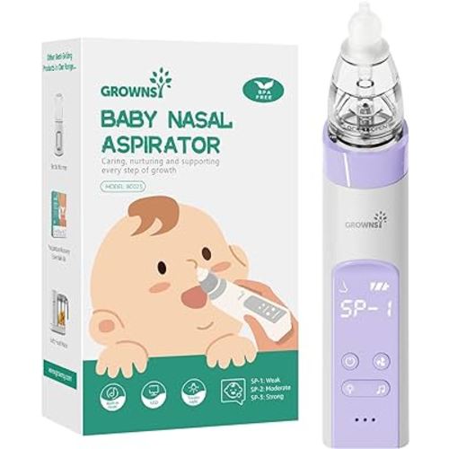 GROWNSY Nasal Aspirator for Baby, Electric Baby Nose Sucker, Automatic Nose Cleaner with 3 Silicone Tips, Adjustable Suction Level, Music and Light Soothing Function, Purple