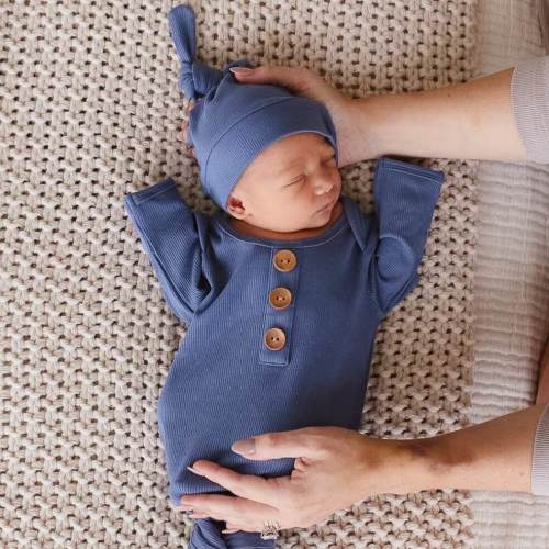 Steel Blue Ribbed Bamboo Baby Knot Gown & Hat