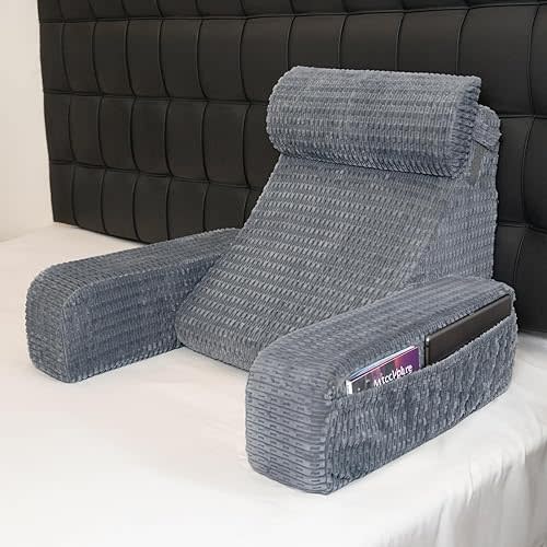 Reading Pillow for Bed, 19" Back Pillow for Bed Sitting up, Big Pockets & Built-in Arms, Backrest Cushion, Wedge Support for Reclining/Reading/Resting/Watching TV, Washable Cover, Grey
