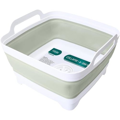 Collapsible Dish Basin with Drain Plug and Carry Handles - 9L Capacity, Portable Sink Tub for Camping and RV