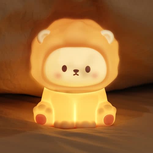 KinYiLO Cute Lion Night Light for Kids, Rechargeable Nursery Lamp with Timer, 3 Brightness Levels & Warm Light, Soft Silicone Baby Night Light, Tap Control, Gift for Toddlers