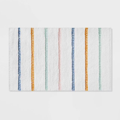 Striped Kids' Bath Rug White/Blue - Pillowfort™: Cotton Woven Bath Mat, Kids Bathroom Decor, 1'8"x2'10"