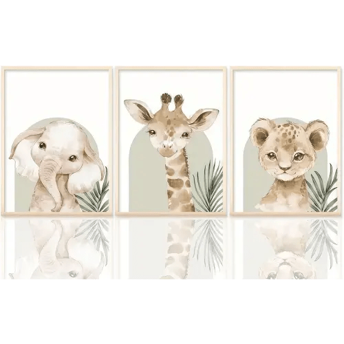 HNNXAR Nursery Poster Wall Art Set Of 3 Baby Boy Girls Kids Room Picture Wall Decor Jungle Safari Lion Elephant Giraffe Canvas Painting Cute Animal Prints For Children Toddlers Bedroom 12x16 Unframed