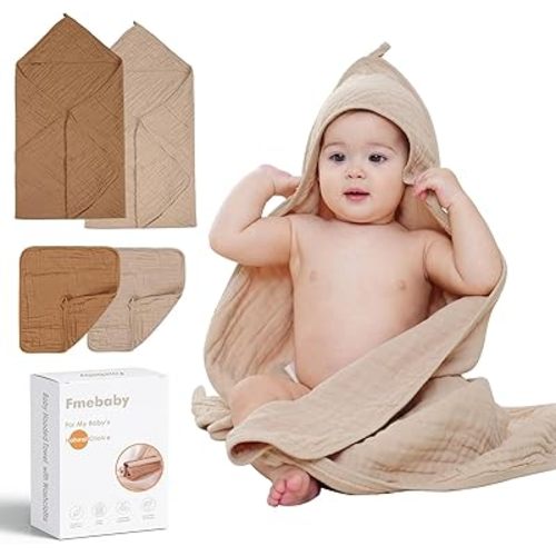 2 Pack Muslin Hooded Baby Bath Towels and 2 Pack WashCloth Set, 36x36 Inch Soft Cotton Bath Towel Baby Wipes Absorbent Bath Face Towels Burp Cloths Face Towels for Girl Boy(Coffee and Apricot)