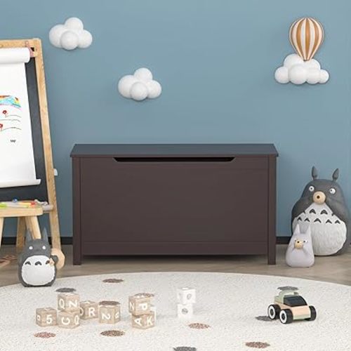 Kids Wooden Toy Box Storage, Wooden Toy Chest/Bench for Girls Boys, Wooden Storage Organizer with Safety Hinged Lid for Ages 3+, Children's Furniture (Dark Brown)