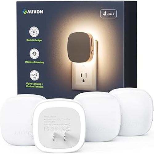 AUVON Plug-in LED Backlit Night Light with Motion Sensor & Dusk to Dawn Sensor, Dimmable Cool White Nightlight with 1-50 lm Adjustable Brightness for Bedroom, Bathroom, Stairs, Hallway (4 Pack)