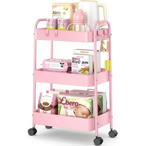 TOOLF Metal Utility Cart，3 Tier Rolling Cart wth 4 Hooks Storage Cart on Wheels Craft Cart with Handle for Organizer Storage for Classroom Office Dorm Home Pink