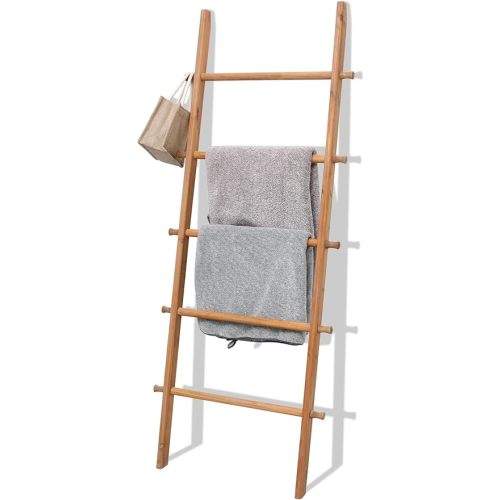 FUIN 57in Wood Blanket Ladder Living Room Decorative Wall Leaning Farmhouse Quilt Display Holder Rustic Wooden Towel Rack for Bathroom, Light Brown