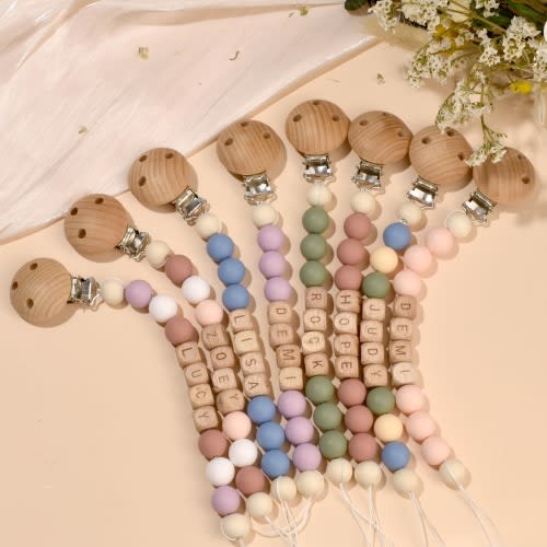 Custom Pacifier Clip, Personalized Newborn Soother Clip, Baby Name Wooden Pacifier chain, Handmade Baby Party Baptism Holder, Shower Gift