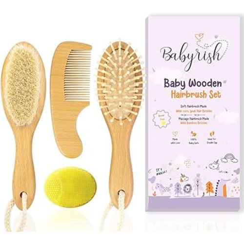 Baby Brush Set for Newborn - Baby Hair Brush with Soft Goat Hair Bristles - Wooden Toddler Hair Brush with Baby Comb, Massage Brush & Cradle Cap Brush - Baby Registry Gift for Boy and Girl