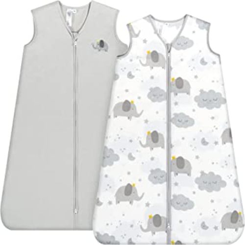 TILLYOU Sleep Sack 2 Pack - Baby Wearable Blanket with 2-Way Zipper, Extra Soft Cotton Sleeveless Sleeping Bag for Infants, 6-12 Months, Grey Elephant & Cloud