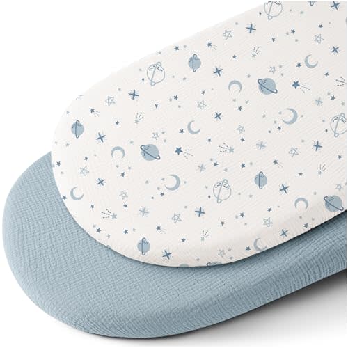 Konssy 2 Pack Muslin Fitted Bassinet Sheets for Baby Girl Boy, Soft Breathable Baby Bassinet Sheets Fit for Baby Bassinets, Cradle, Moses Basket Oval Rectangle Pad/Mattress (Star,Blue)
