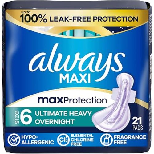 Always Maxi Overnight Pads with Wings for Women, Size 6, Ultimate Heavy Overnight Absorbency, Unscented, 21 Count