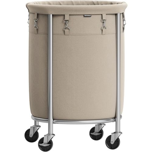 SONGMICS Laundry Basket with Casters, Rolling Laundry Hamper, 29 Gal., Round Laundry Cart with Steel Frame and Removable Bag, 4 Casters and 2 Brakes, Camel Brown and Metallic Silver URLS002N01