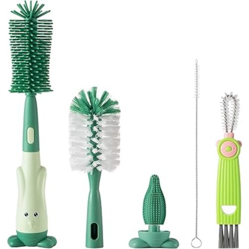 5-in-1 Baby Bottle Brush Set, Bottle Brush for Baby, Baby Bottle Scrubber, Including Silicone & Nylon Bottle Brush, Bottle Cap Brush, Straw Brush, Nipple Brush, BPA-Free (Green)