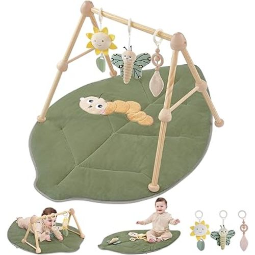 Wooden Baby Gym Cotton Play Mat, 4-in-1 Super Soft Infant Activity Tummy Time Playmat for 0 to 3 6 9 12 36 Months Babies, Removable Toys for Sensory & Motor Skill Development, Leaf