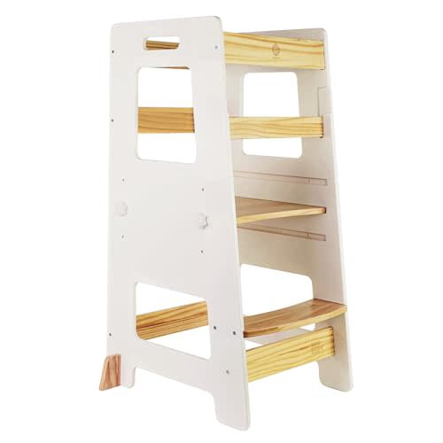 WOOD CITY Kitchen Step Stool - Safe Montessori Standing Tower for Kids with Safety Rail, Height Adjustable Toddler Ideal Helper for Learning New Skills, Anti-Slip Protection for Bathroom - White