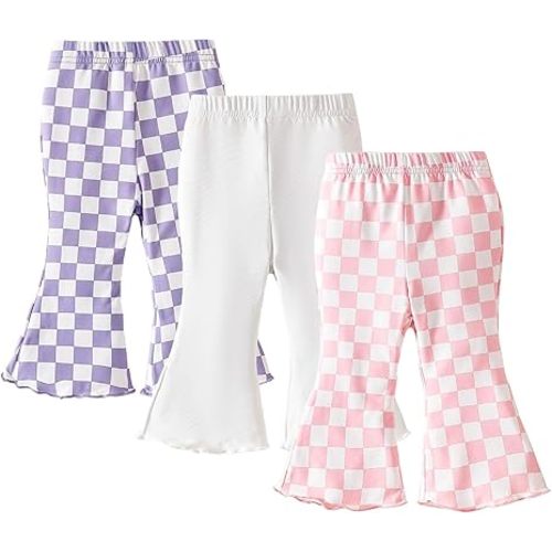 SOBOWO Checkered Baby Girl Flare Pants 3 Pack Toddler Bell Bottoms Plaid Ruffle Leggings Pants Fall Winter Outfits Size 6M-4T