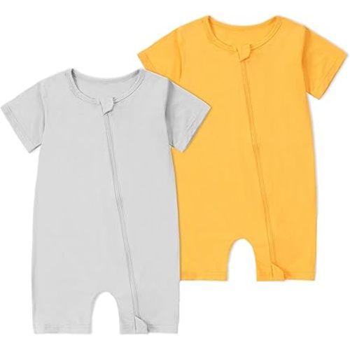 MICHLEY Baby Bamboo Viscose Short Sleeve Summer Romper 2 Pack, Unisex Newborn Zipper Bodysuit Toddler Clothes 0-24M