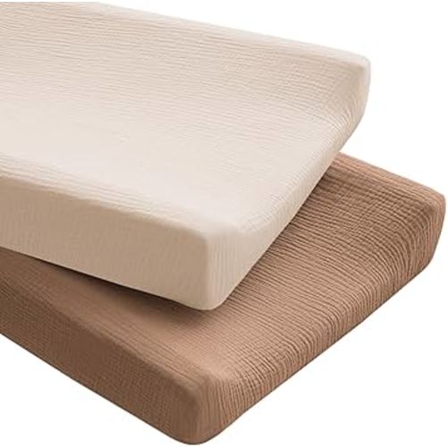 Konssy 2 Pack Muslin Changing Pad Covers for Boys, Ultra Soft & Breathable Cotton Baby Diaper Changing Table Covers, Neutral Nursery Diaper Changing Pad Sheets (Brown,Cream)