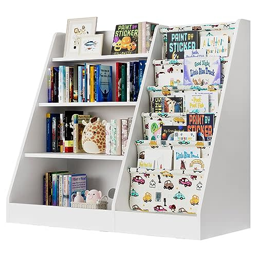 4 Tier Kids Wooden Bookshelf,Five Layer Sling Bookcase,Baby Storage Book Rack,Kids Book and Toy Organizer Cabinet Chest,Infant Book Display,Playroom Kids Room Classroom Nursery Bedroom